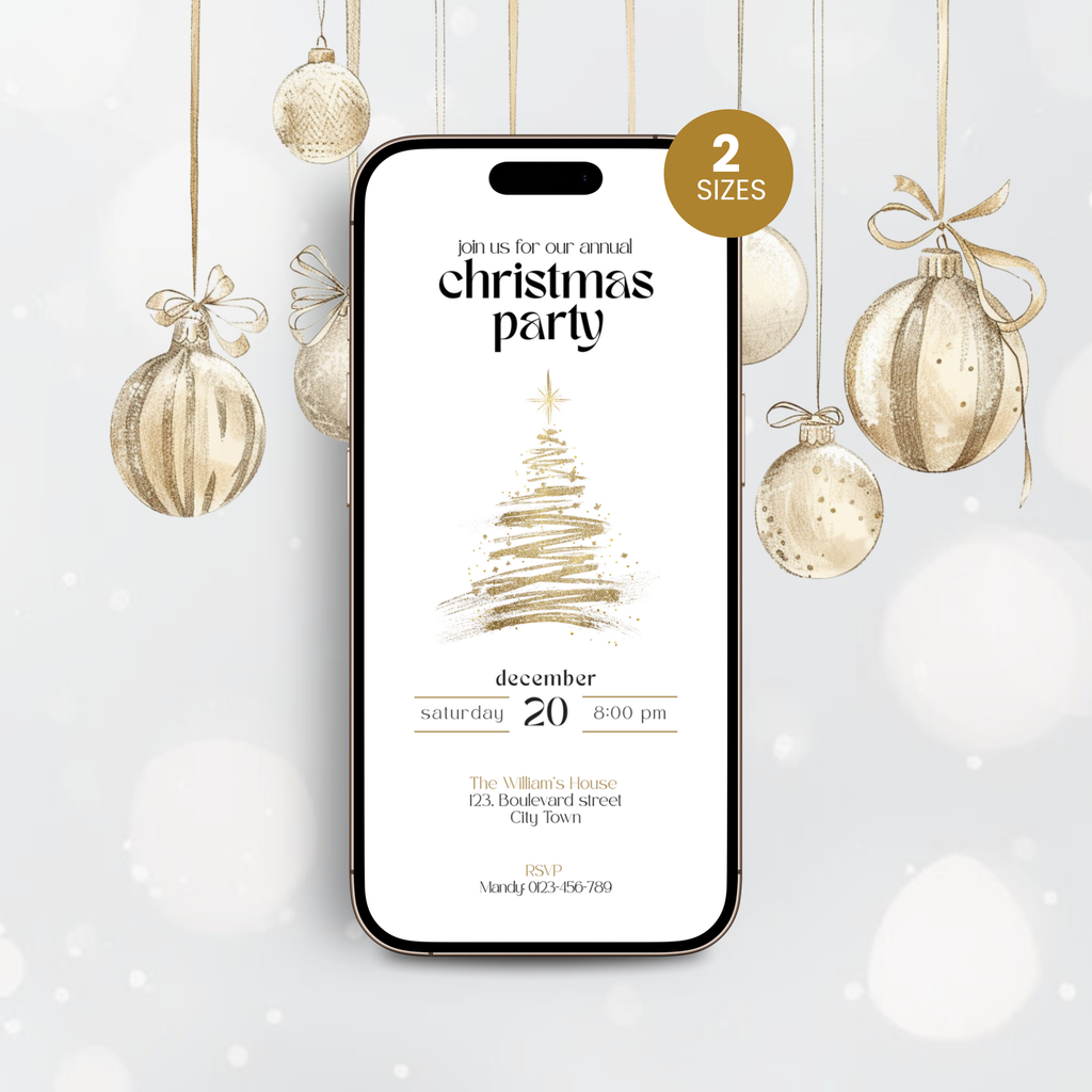 Gold Christmas tree invitation template on a smartphone with a 2 sizes badge and gold ornaments