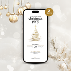 Gold Christmas tree party invitation template on a phone screen with gold ornaments and pine branches