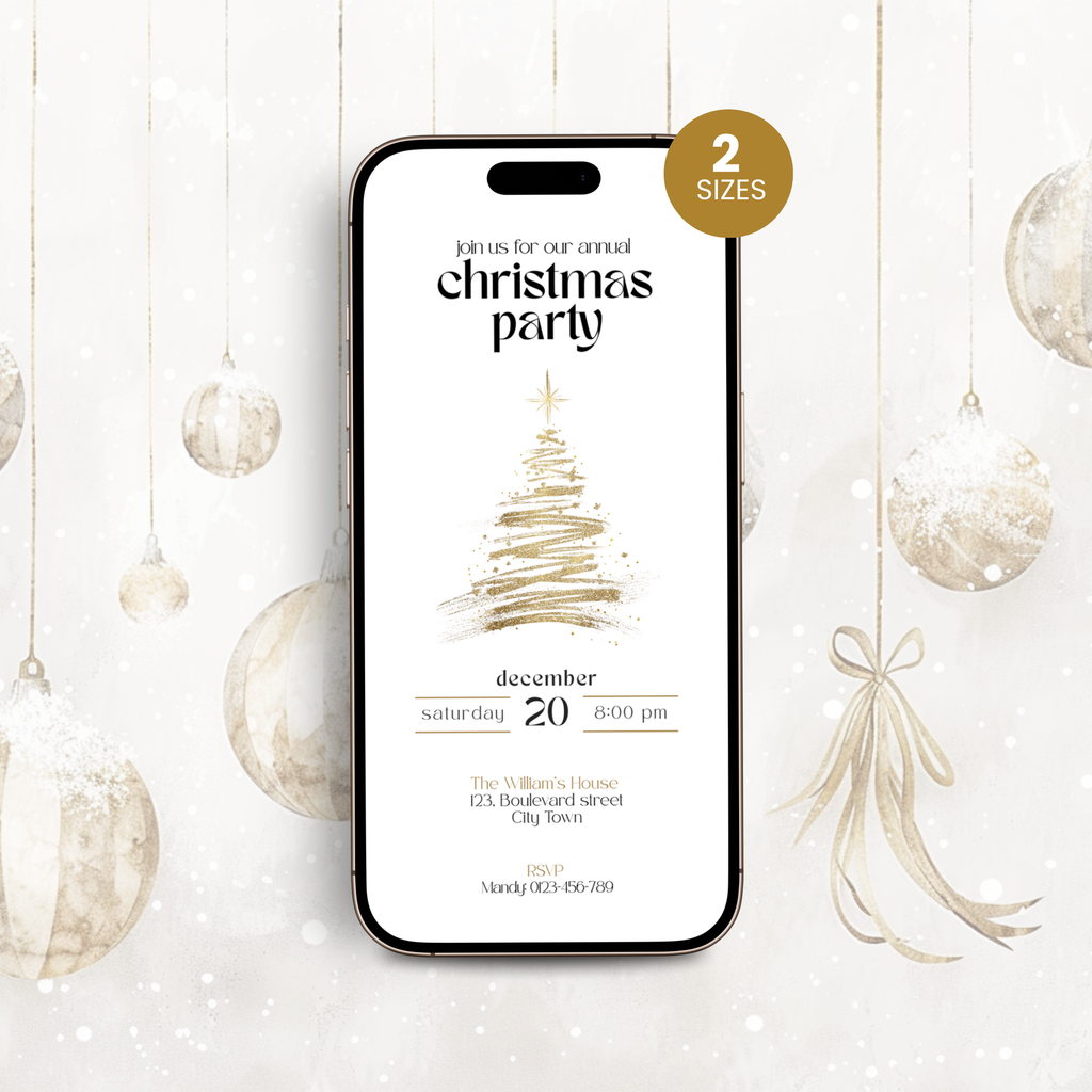 Christmas party invitation template with tree illustrations on a smartphone, 2 sizes badge