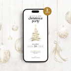 Christmas party invitation template with tree illustrations on a smartphone, 2 sizes badge