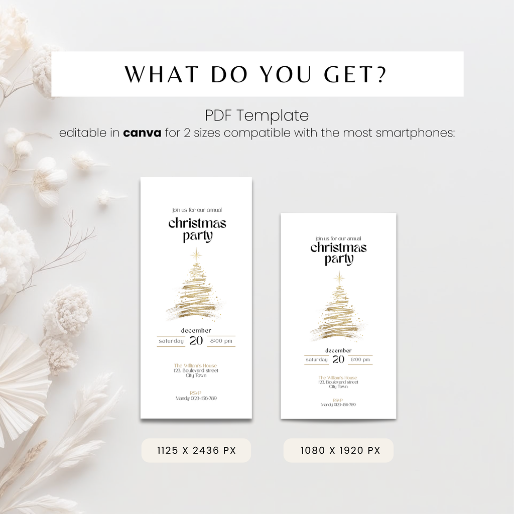 What you get: gold Christmas tree invitation template for phones, editable in Canva