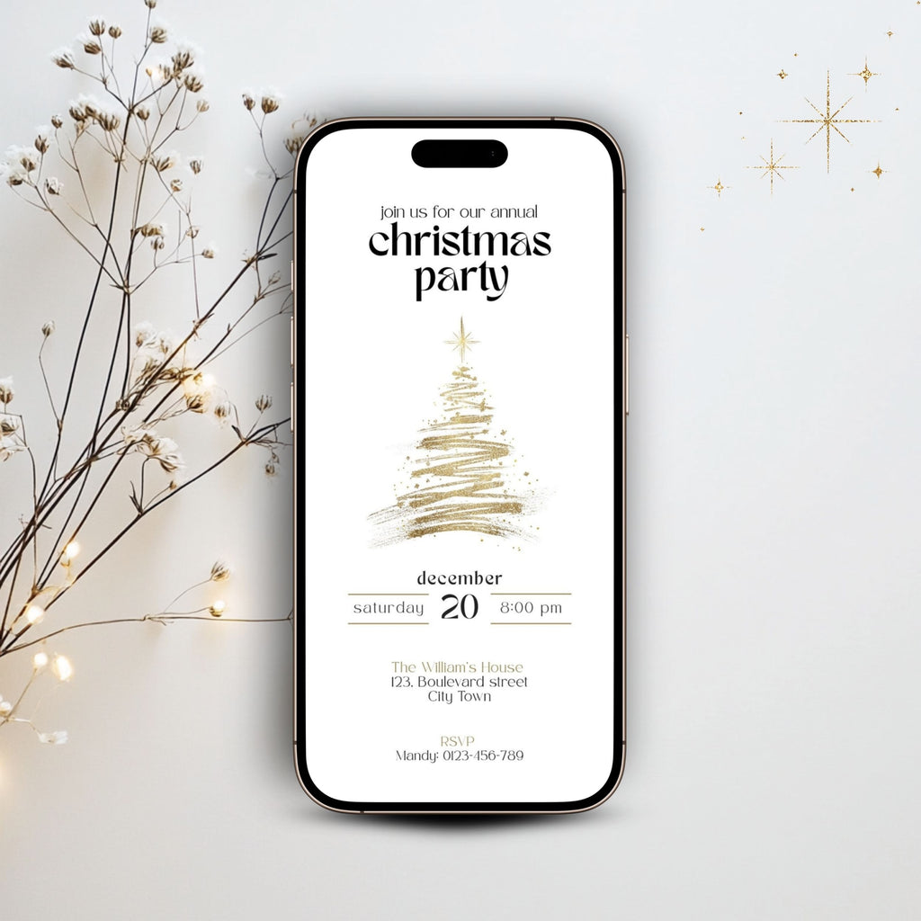 Gold Christmas tree invitation template on a smartphone with dried branches and warm string lights
