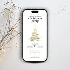 Gold Christmas tree invitation template on a smartphone with dried branches and warm string lights