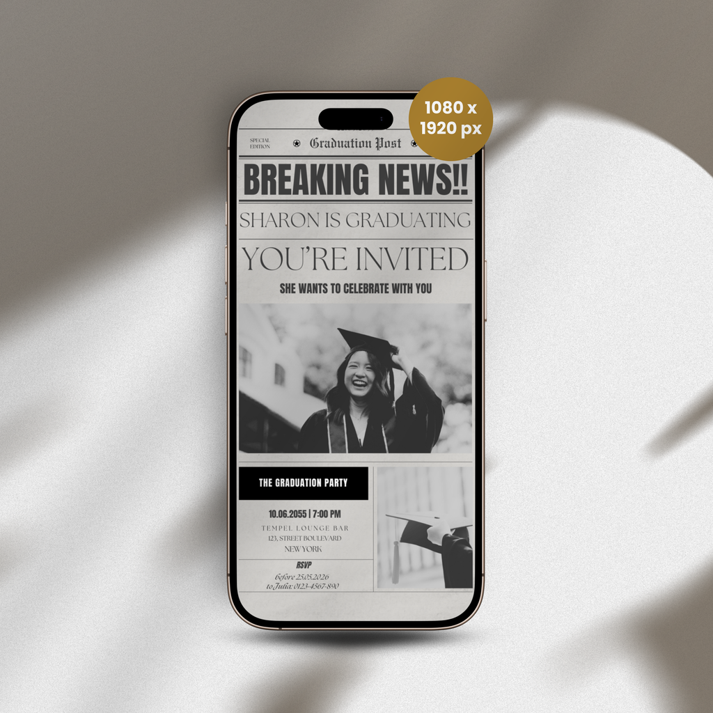 Phone displaying a graduation invitation on a light background