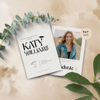 Graduation party invitation card with a photo of a woman on a beige background with green leaves.