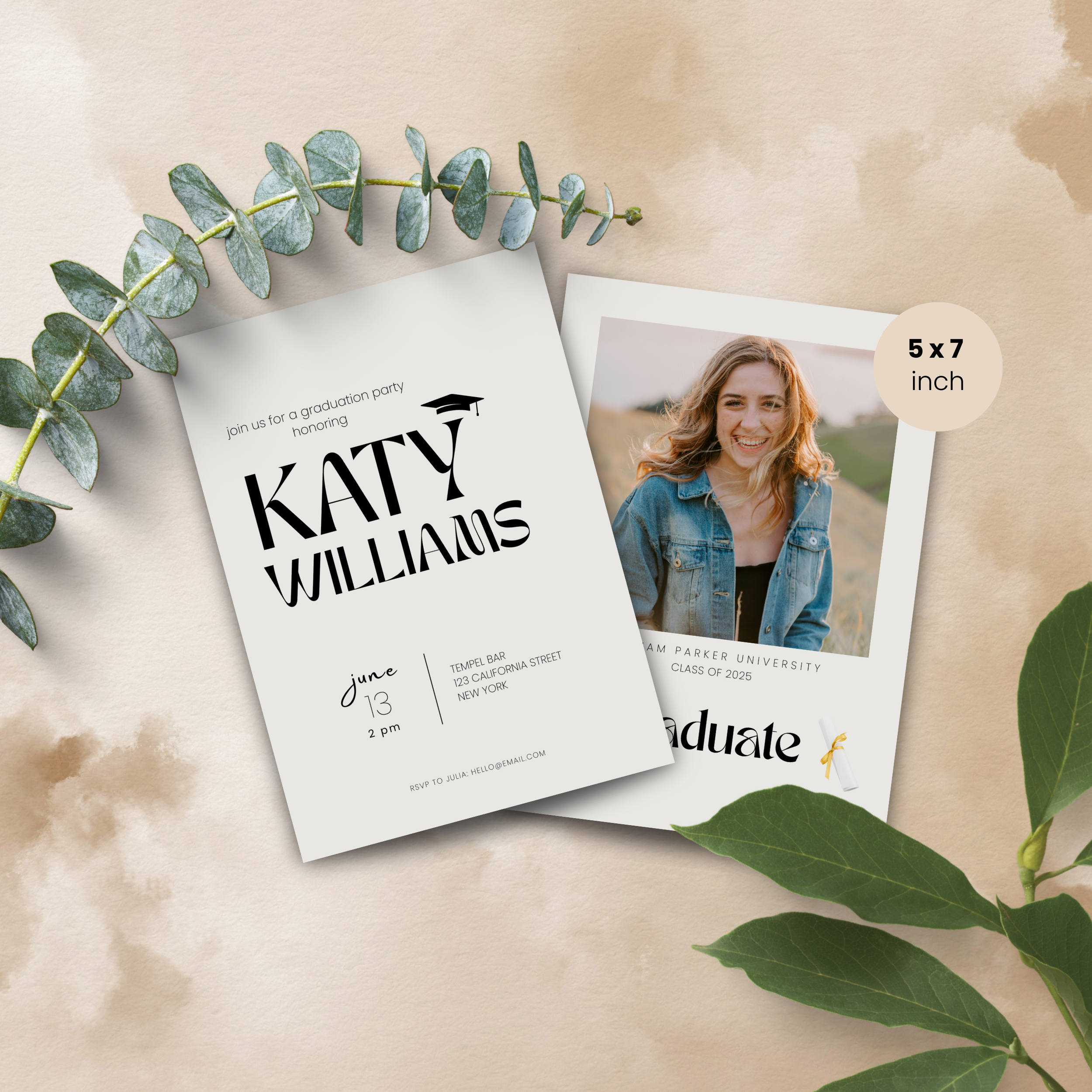 Graduation party invitation card with a photo of a woman on a beige background with green leaves.