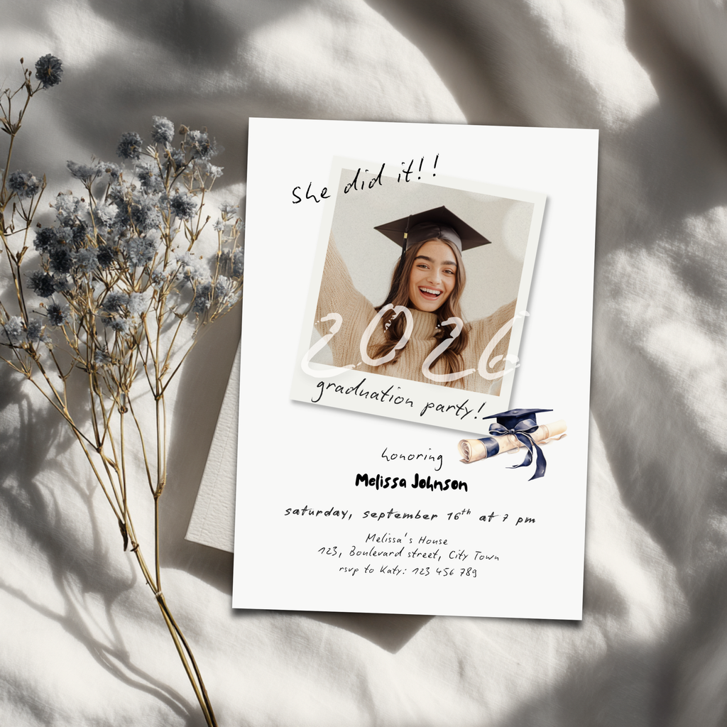 Graduation party invitation with photo of a graduate, text 'She did it!! 2026 graduation party' on a light background.