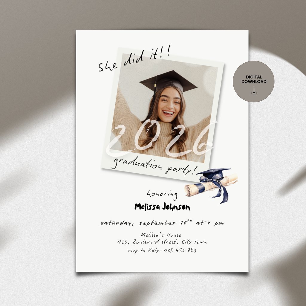 Graduation party invitation with a photo of a graduate and text details on a white background.