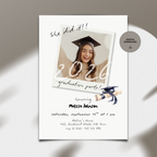Graduation party invitation with a photo of a graduate and text details on a white background.