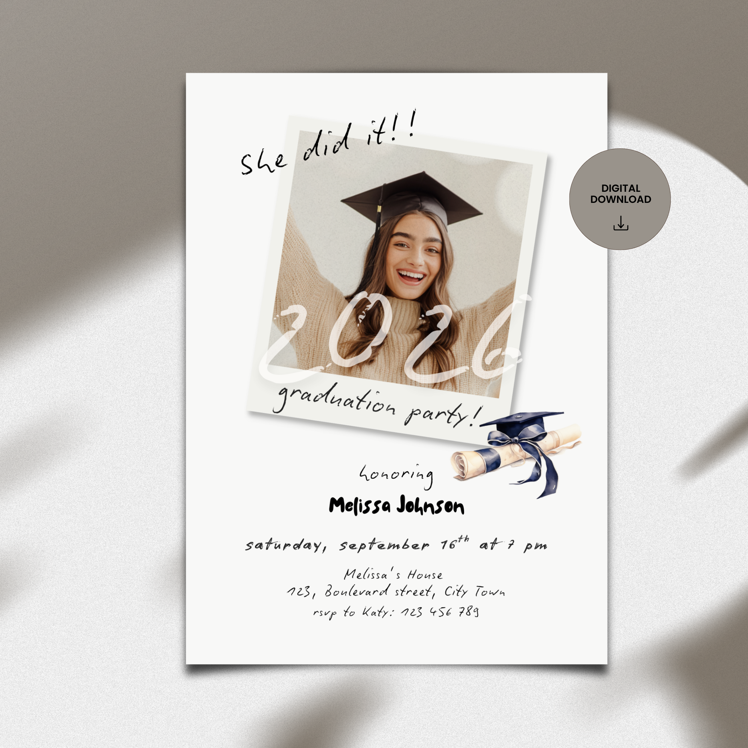 Graduation party invitation with a photo of a graduate and text details on a white background.