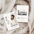 Graduation invitation cards with a photo of a graduate and text details on a textured surface.