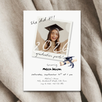 Graduation party invitation with photo of a graduate on a textured fabric background
