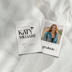 Graduation party invitation with a photo of a graduate on a textured white surface