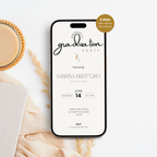 Phone screen displaying a graduation party invitation with a cup and decorative elements on a white background