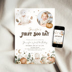 A fall-themed first boo day invitation card is displayed on a soft beige fabric background next to a smartphone showing the digital version of the design. The card features cute illustrations of a white bunny, pumpkins, autumn leaves, and stars with the text 'Jennifer's First Boo Day'.