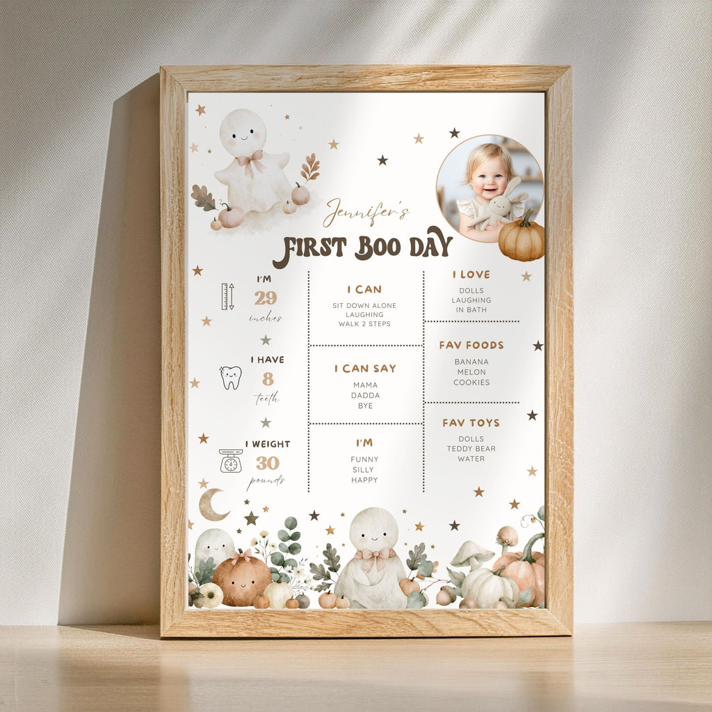 A framed baby first birthday milestone poster with cute illustrations of a baby bunny, pumpkin, stars, and a photo circle, leaning against a wall on a wooden surface.