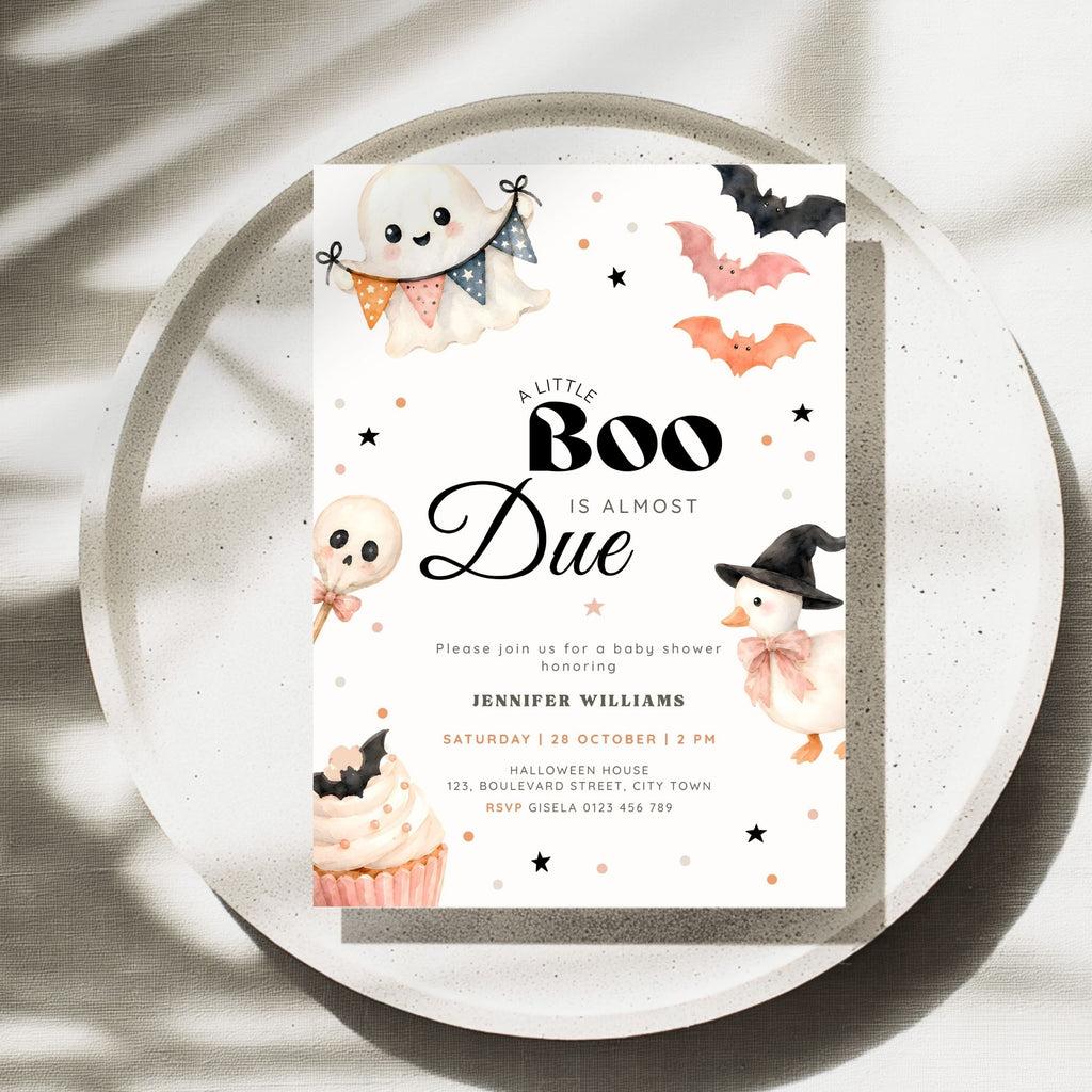 A Litte Boo is almost Due baby shower invitation with cute halloween illustrations