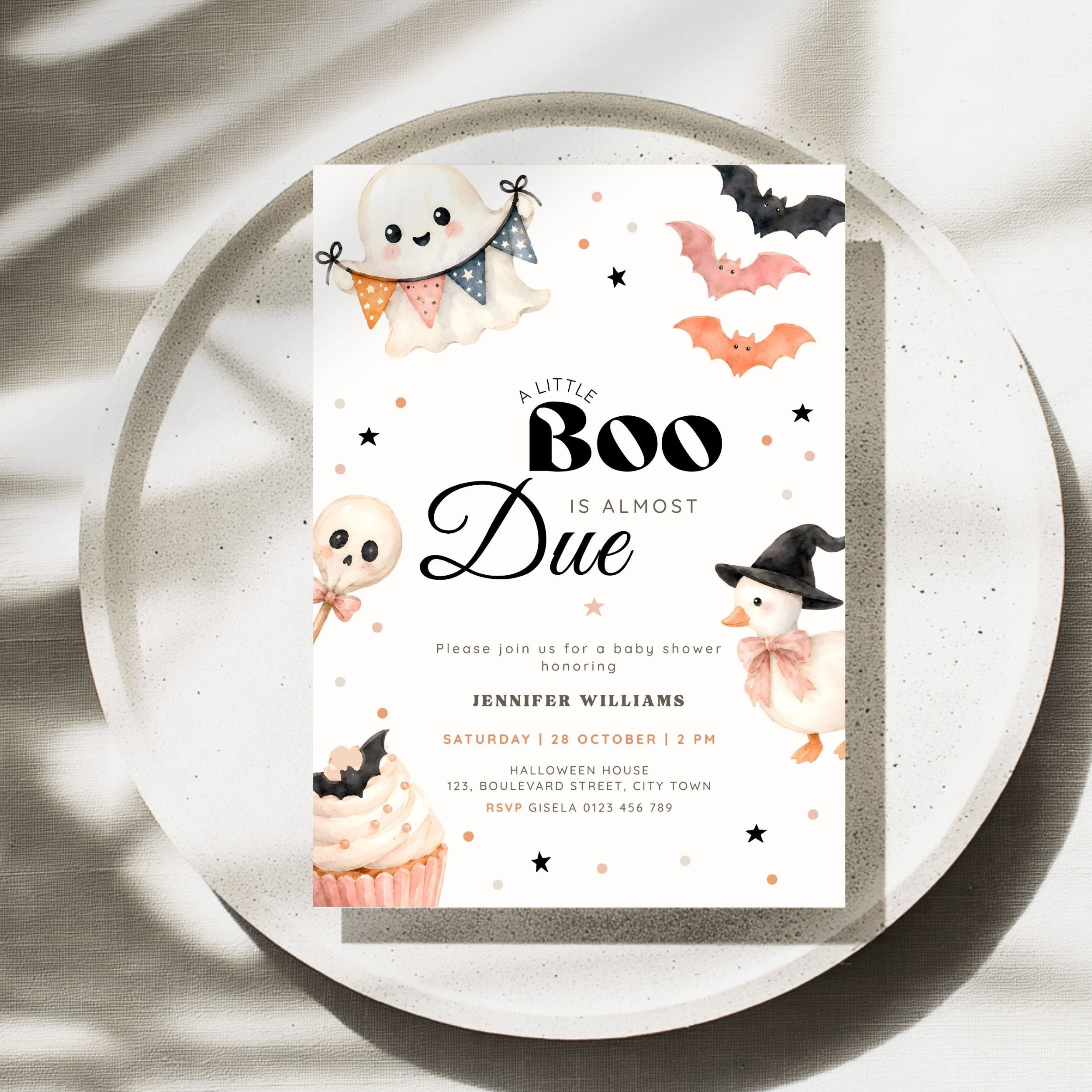 A Litte Boo is almost Due baby shower invitation with cute halloween illustrations