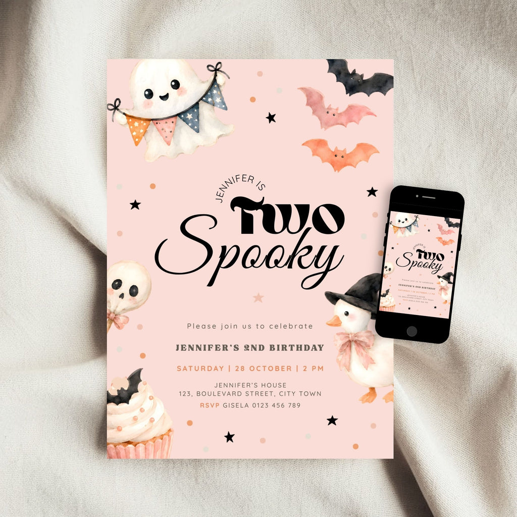 Halloween Pink Two Spooky Birthday Invitation Template Girls