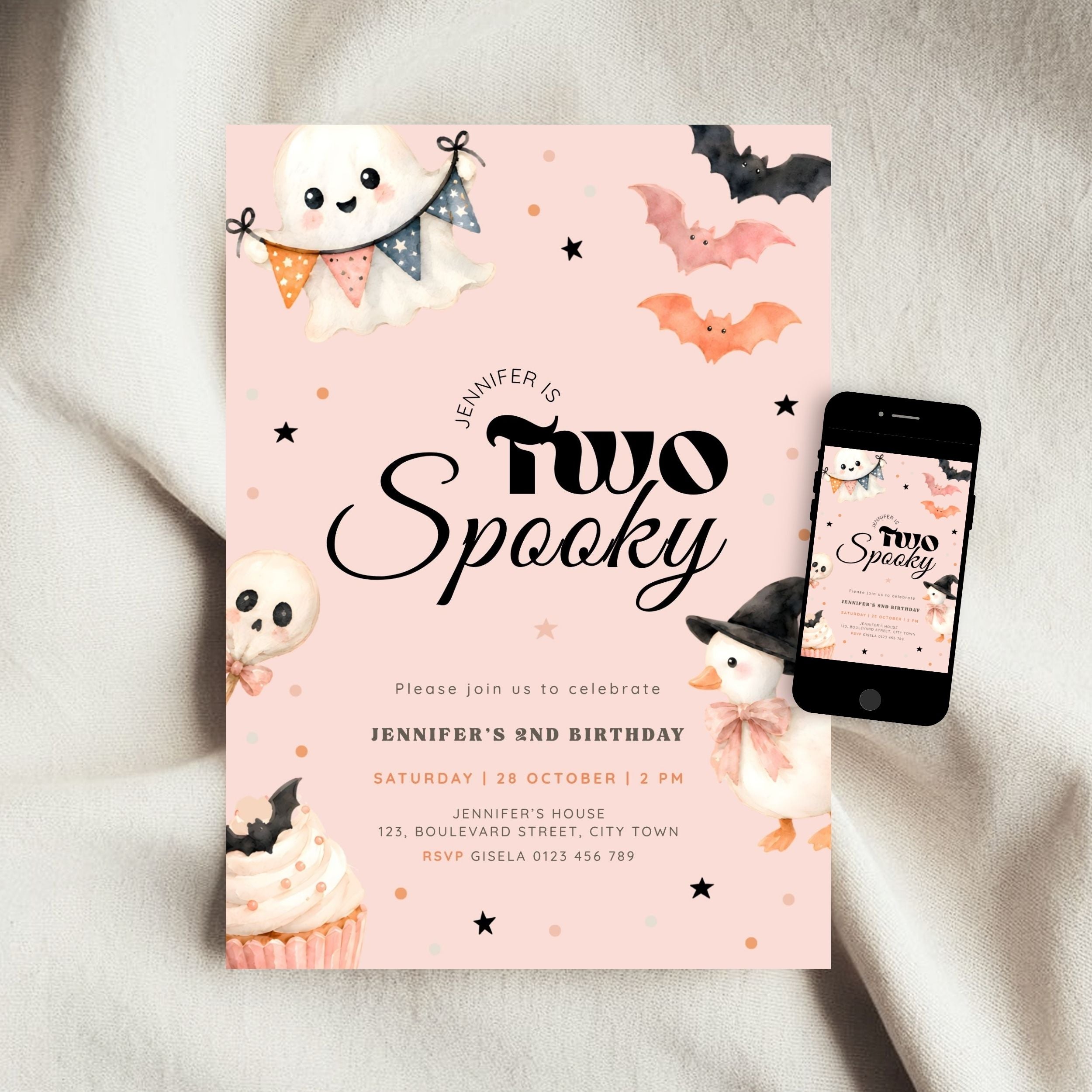 Halloween Pink Two Spooky Birthday Invitation Template Girls