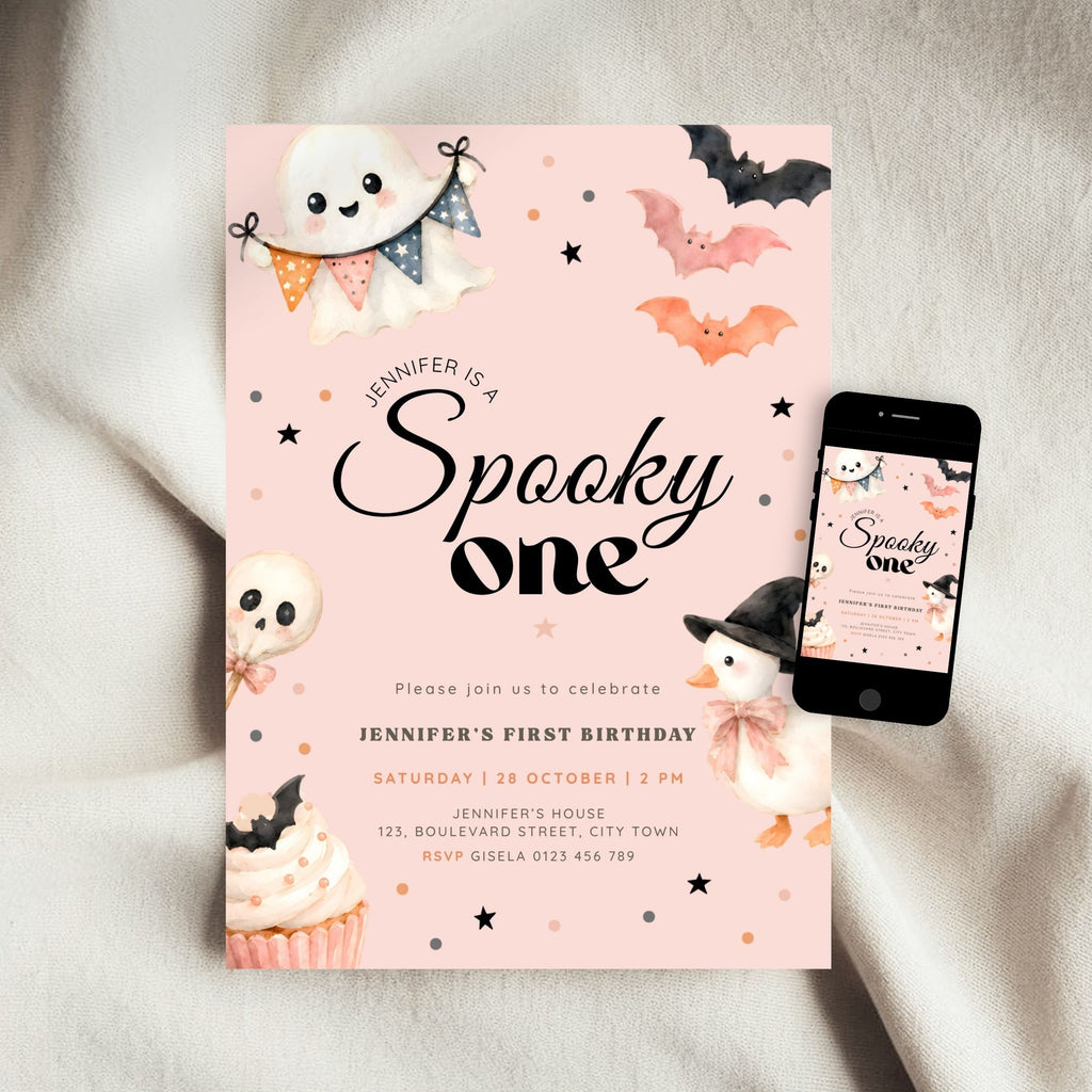 Halloween Pink Spooky One Birthday Invitation Girls