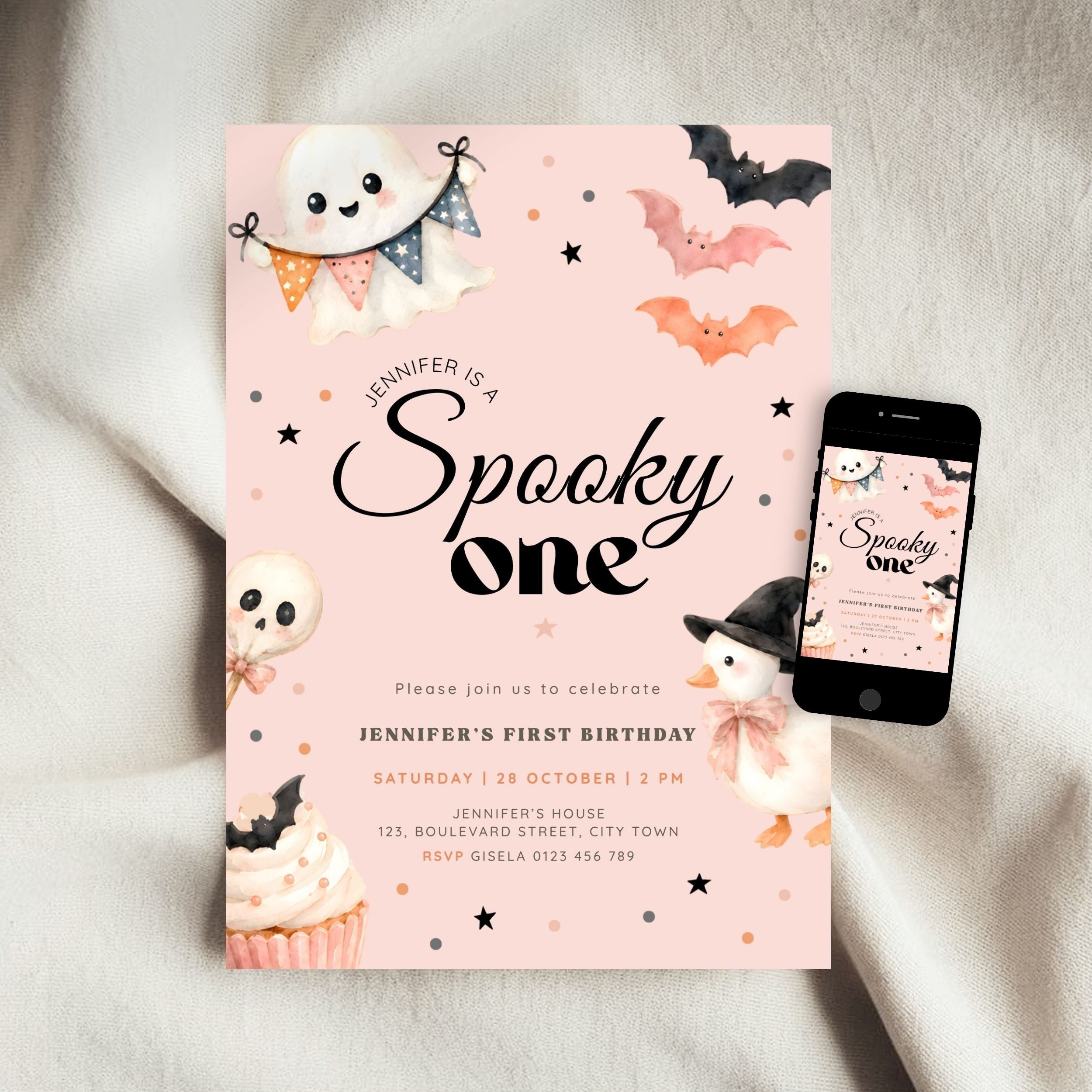Halloween Pink Spooky One Birthday Invitation Girls
