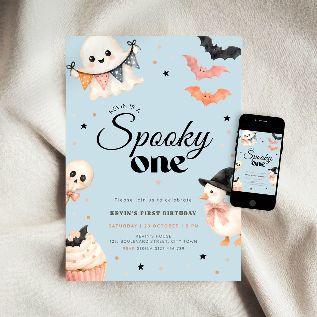 Halloween Blue Spooky One Birthday Invitation Boys
