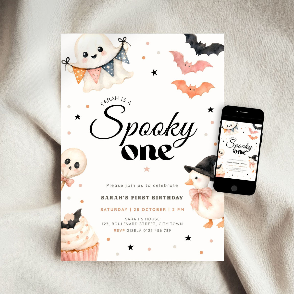 Halloween spooky one 1st birthday invitation template, close-up view