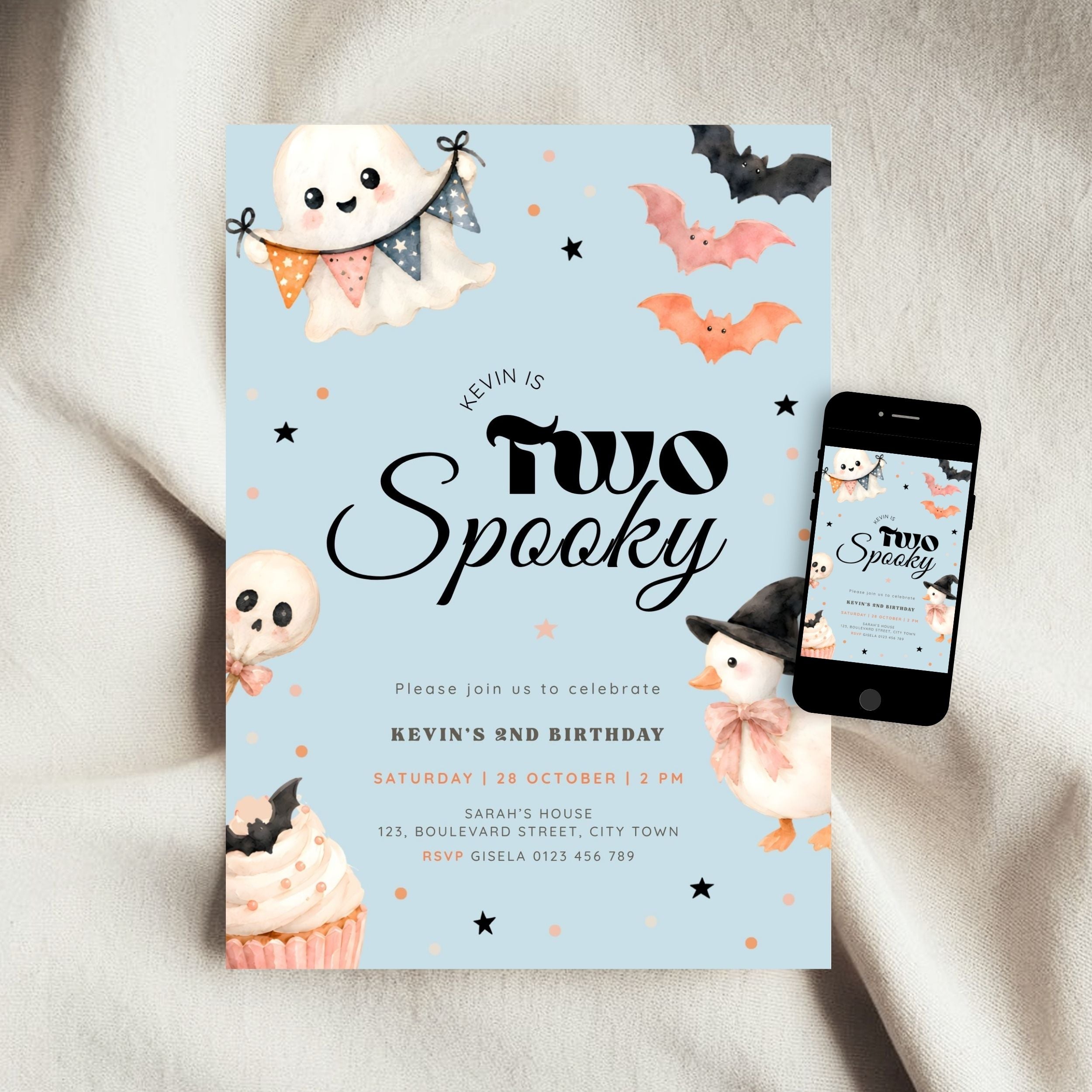 Halloween Blue Two Spooky Birthday Invitation Template Boys