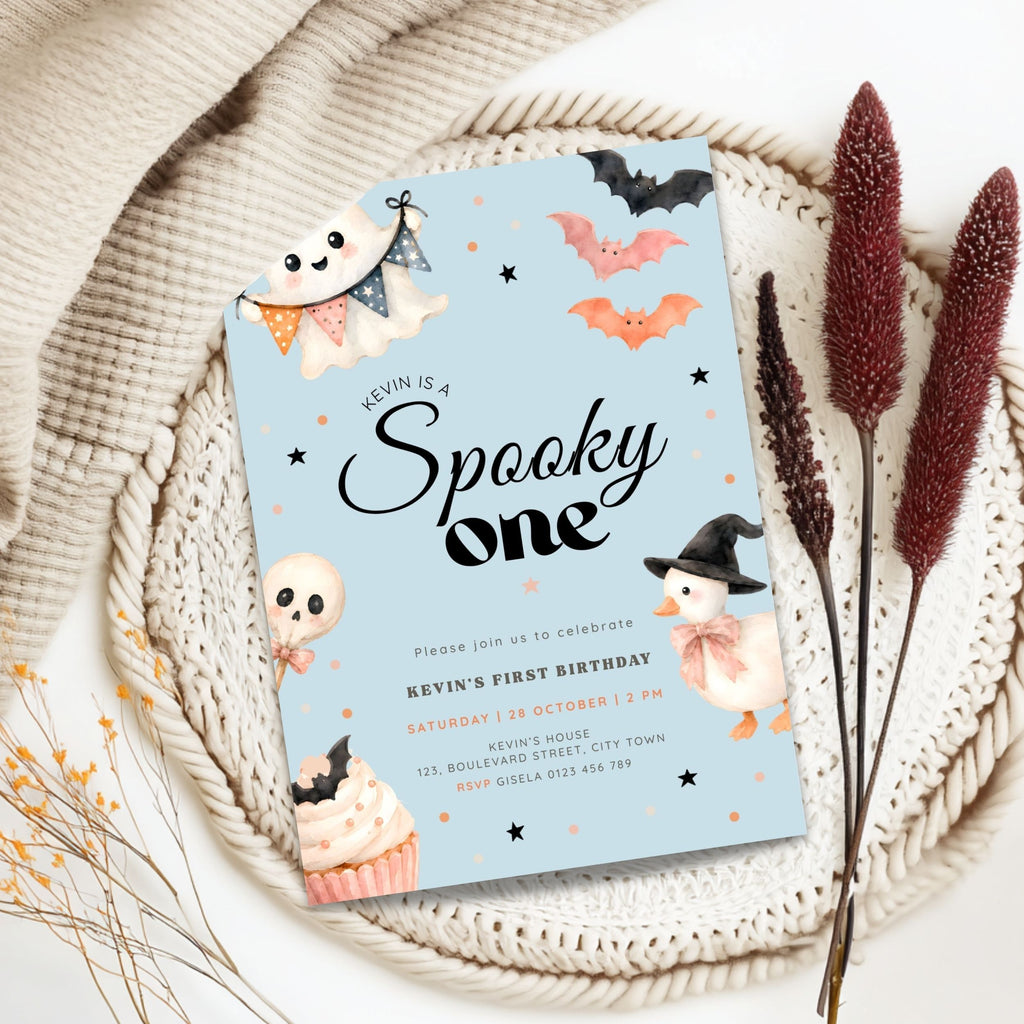 Halloween Blue Spooky One Birthday Invitation Boys