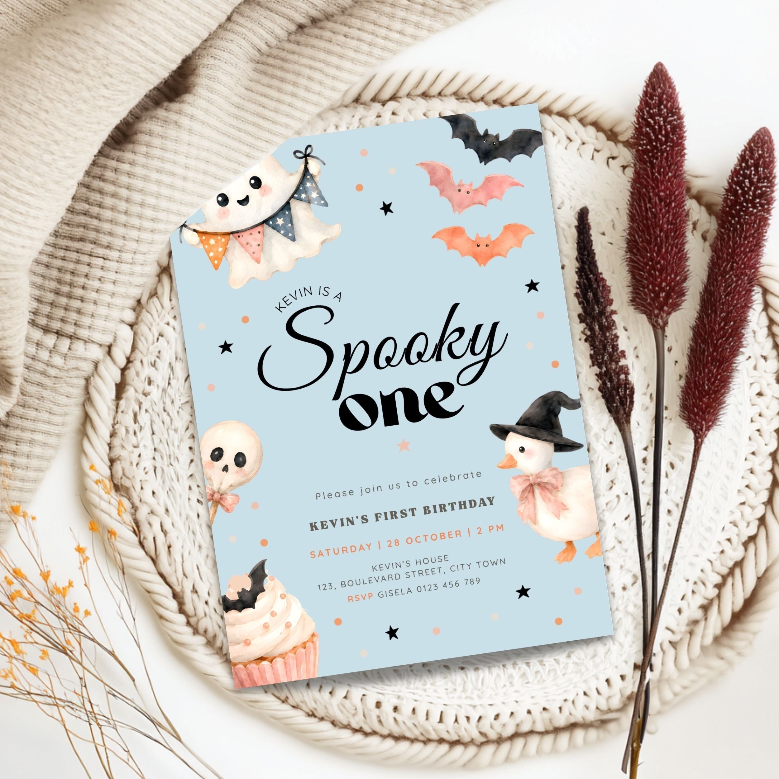 Halloween Blue Spooky One Birthday Invitation Boys