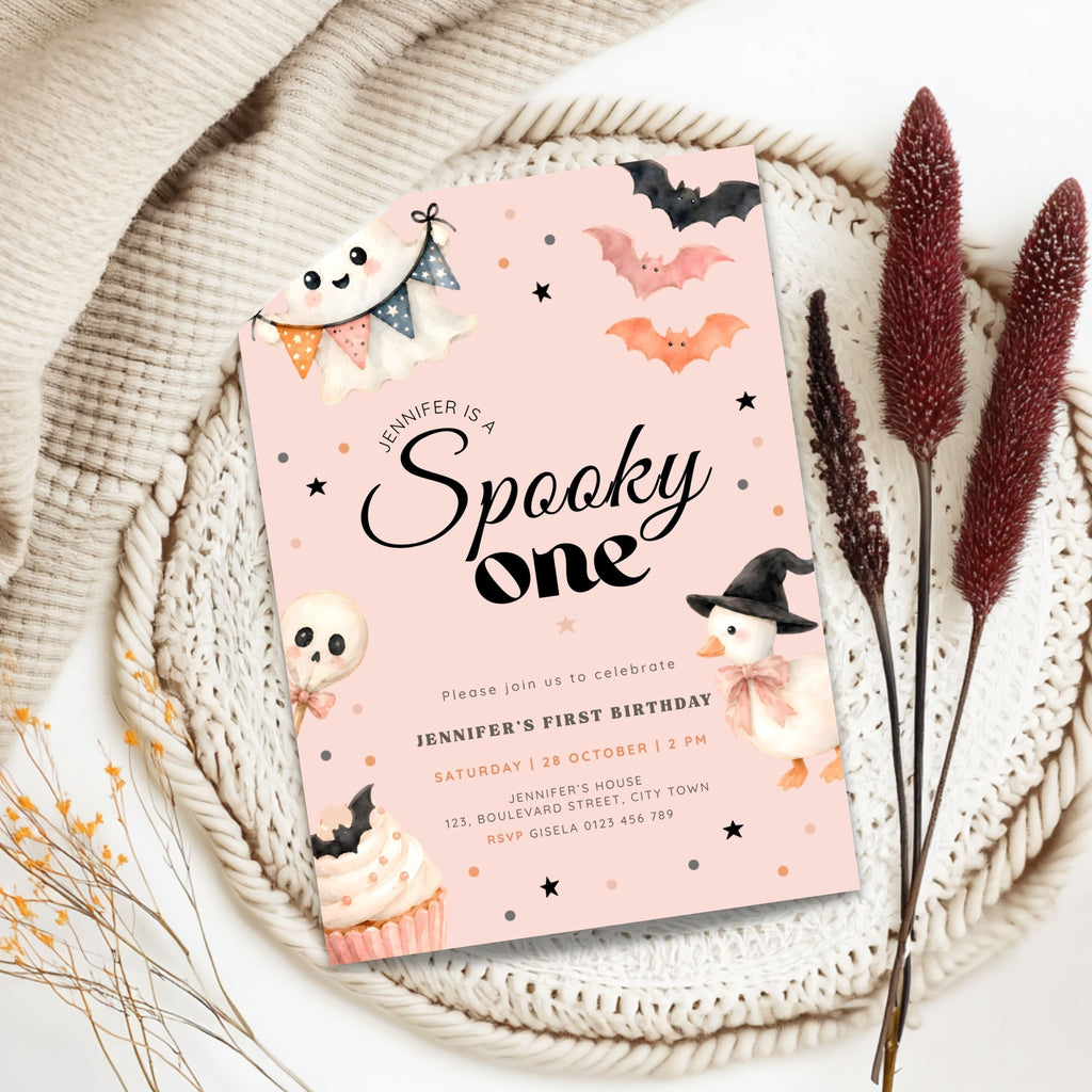 Halloween Pink Spooky One Birthday Invitation Girls