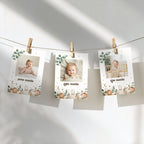 Three personalized baby milestone photos clipped to a string against a white wall with soft shadows. Each card has a cute baby photo, watercolor pumpkins and eucalyptus leaves, and text reading seven months, eight months, and nine months.