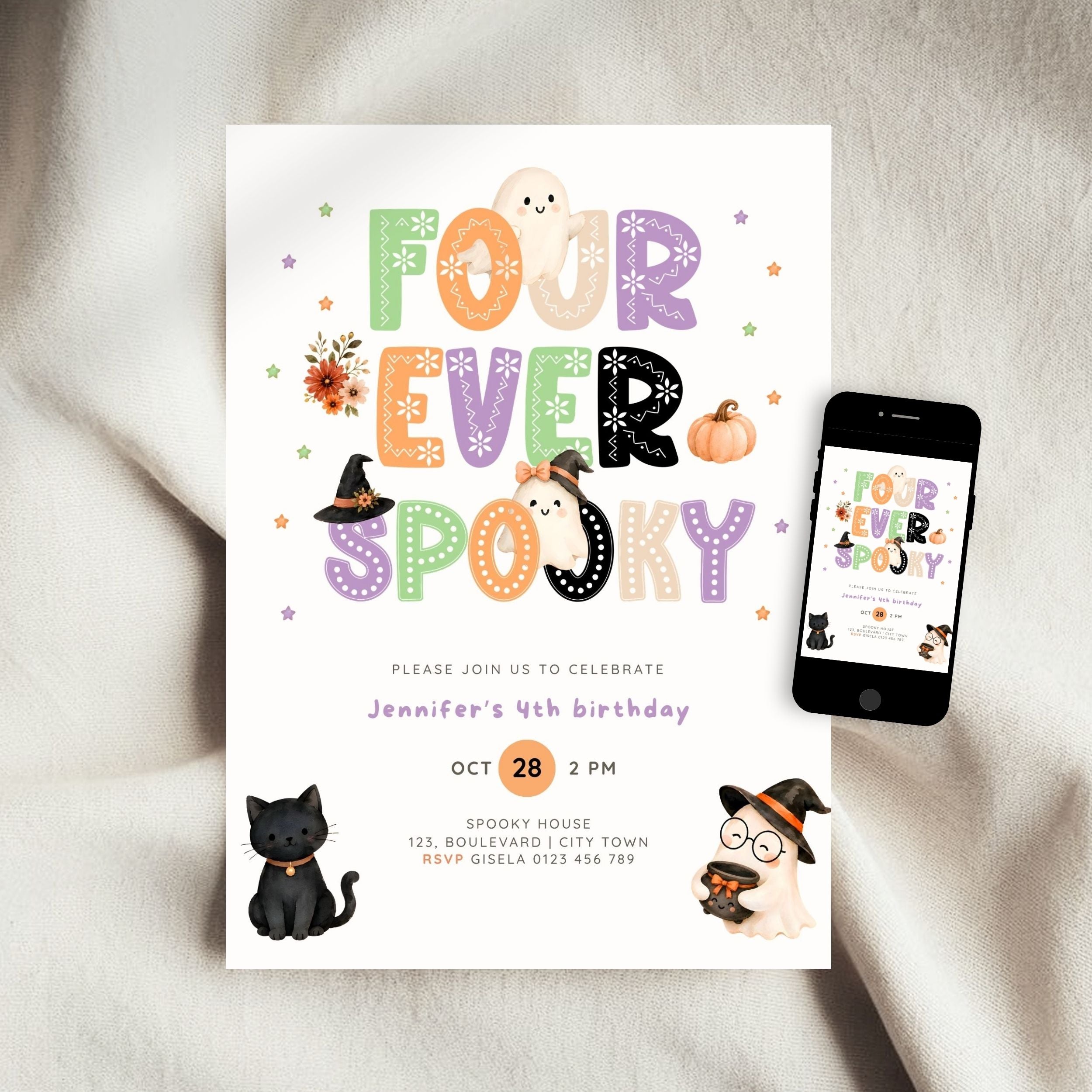 A Halloween-themed 4th birthday invitation card displayed on a soft beige fabric background, with a smartphone showing the same design on its screen. The card features colorful playful lettering reading 'FOUR EVER SPOOKY,' cute ghost, witch hat, pumpkin, cat, and goat illustrations, and event text including 'Jennifer's 4th birthday,' 'Oct 28,' and '2 PM.