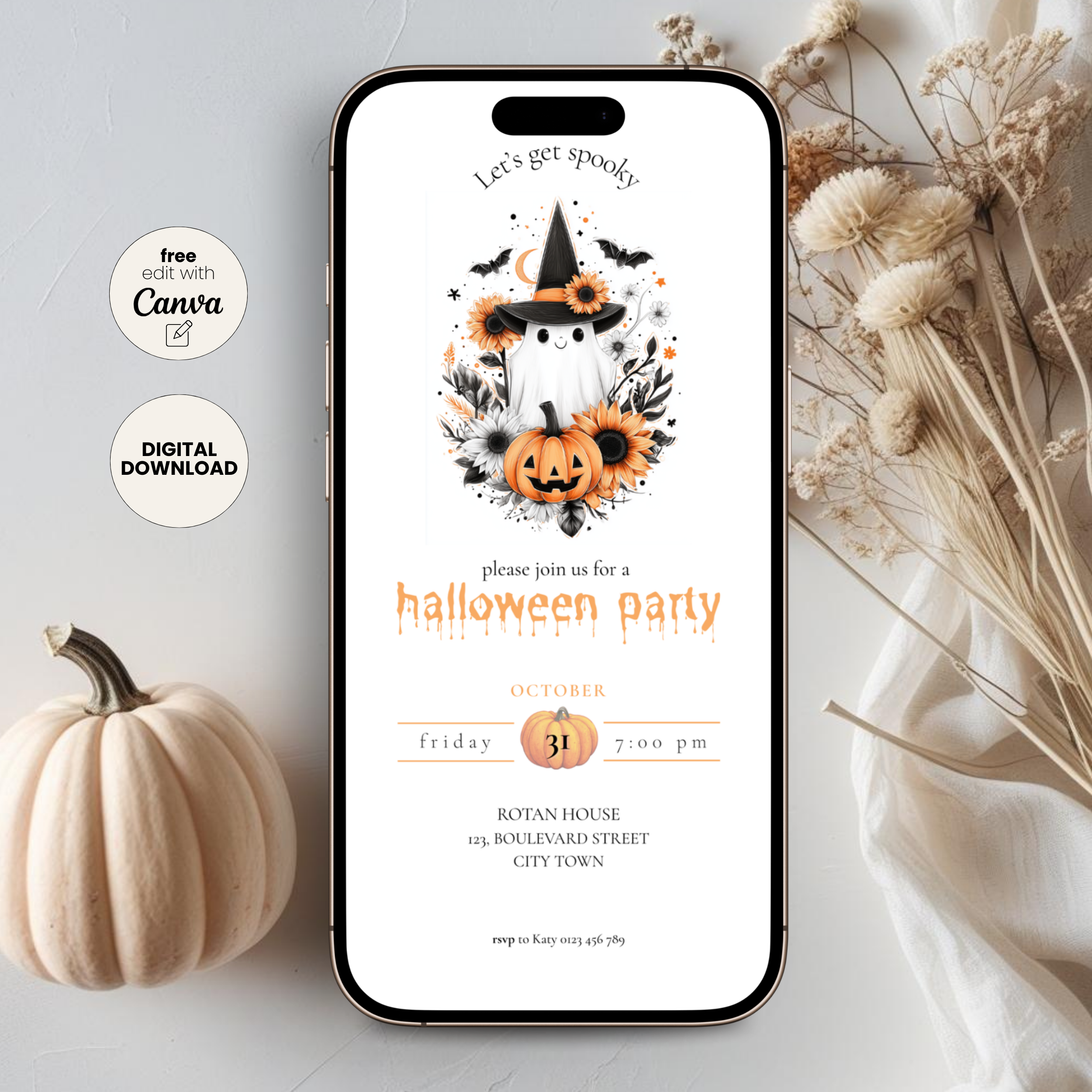 A digital Halloween party invitation template displayed on a smartphone screen, surrounded by a small pumpkin, dried flowers, and two circular badges that read 'free edit with Canva' and 'DIGITAL DOWNLOAD'.