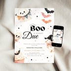 A Halloween little boo baby shower invitation card with cute ghost, bat, skull, and cupcake illustrations, shown on a white fabric background next to a smartphone displaying the same design.