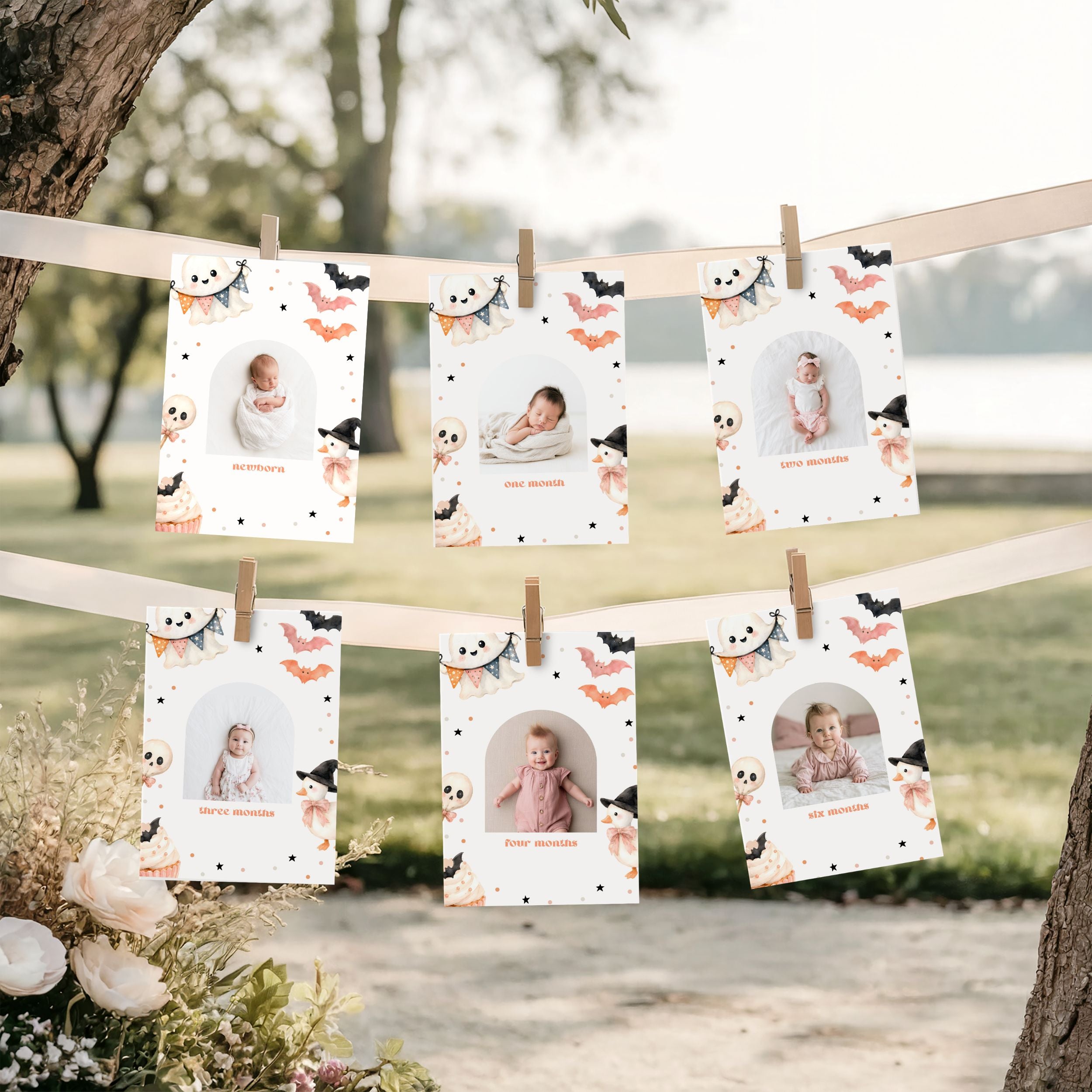 Six personalized baby milestone photos clipped to two horizontal wooden clotheslines outdoors between tree trunks, with a blurred park background and white flowers at the lower left.