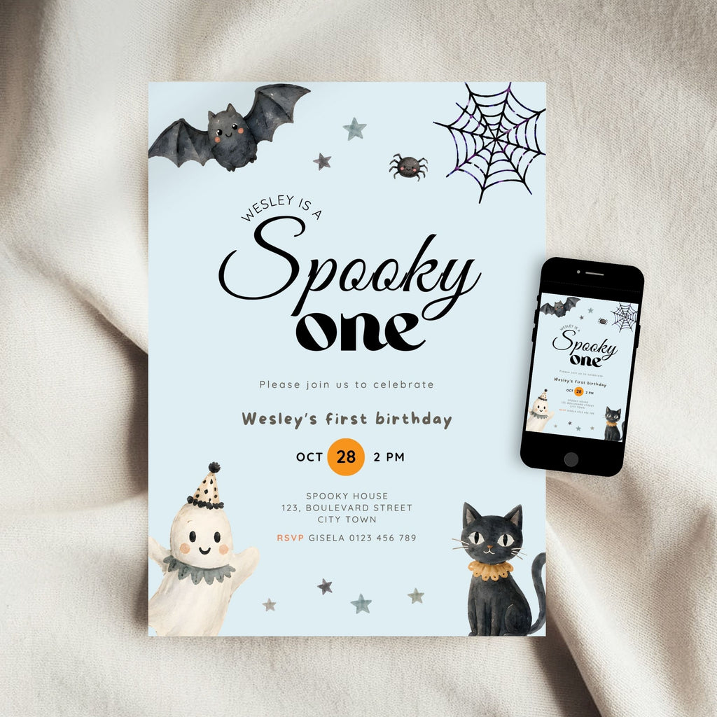 Halloween Blue Spooky One First Birthday Invitation