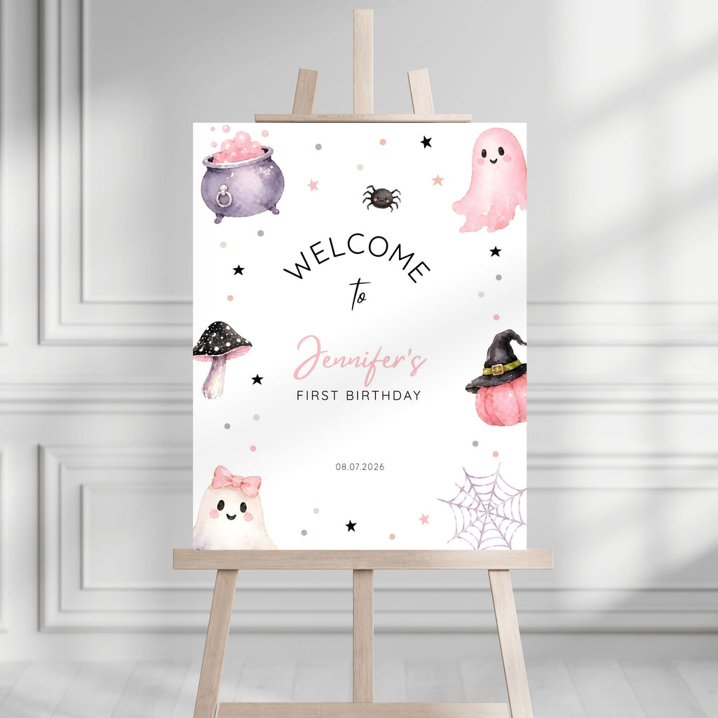 Halloween Spooky First Birthday Welcome Sign Pink