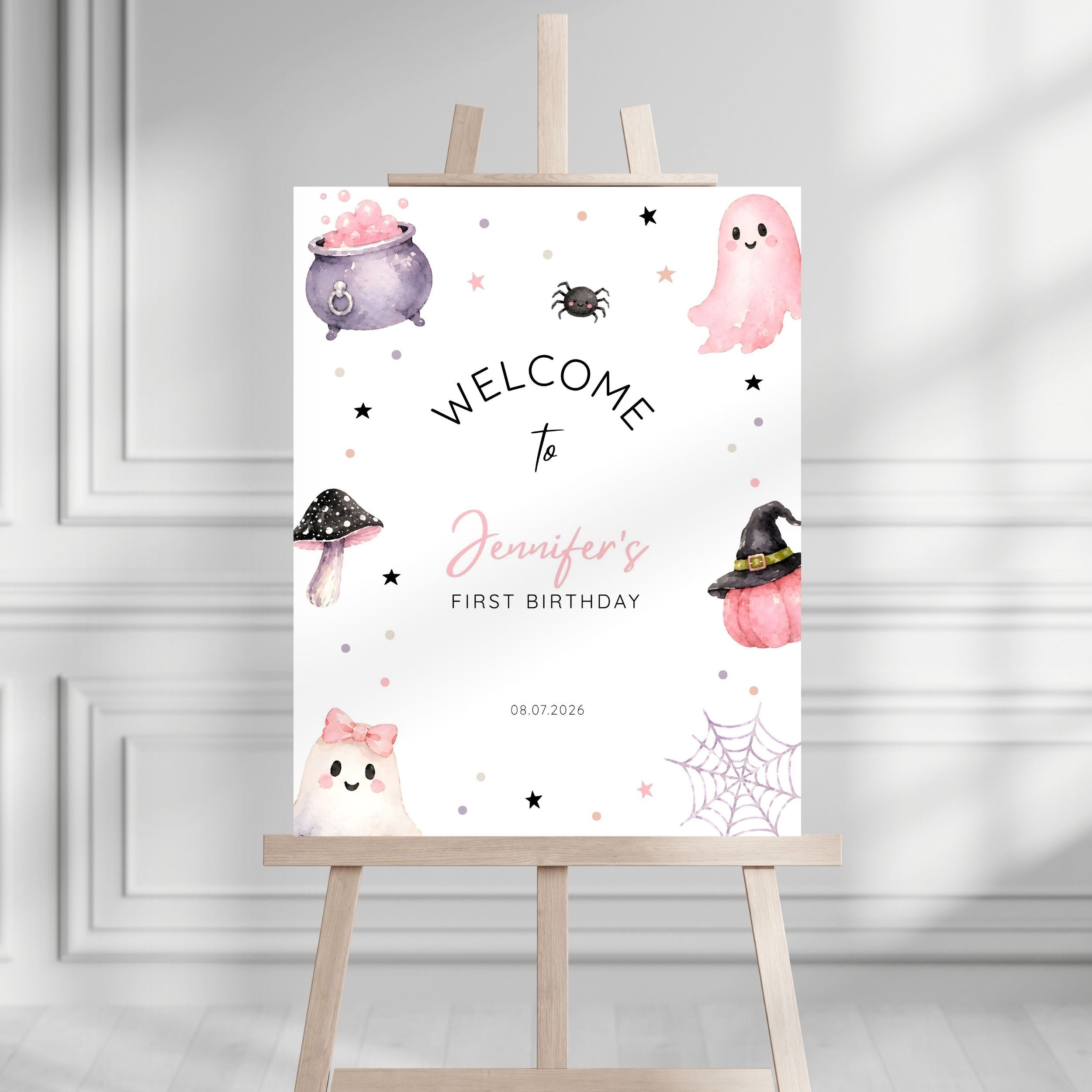 Halloween Spooky First Birthday Welcome Sign Pink