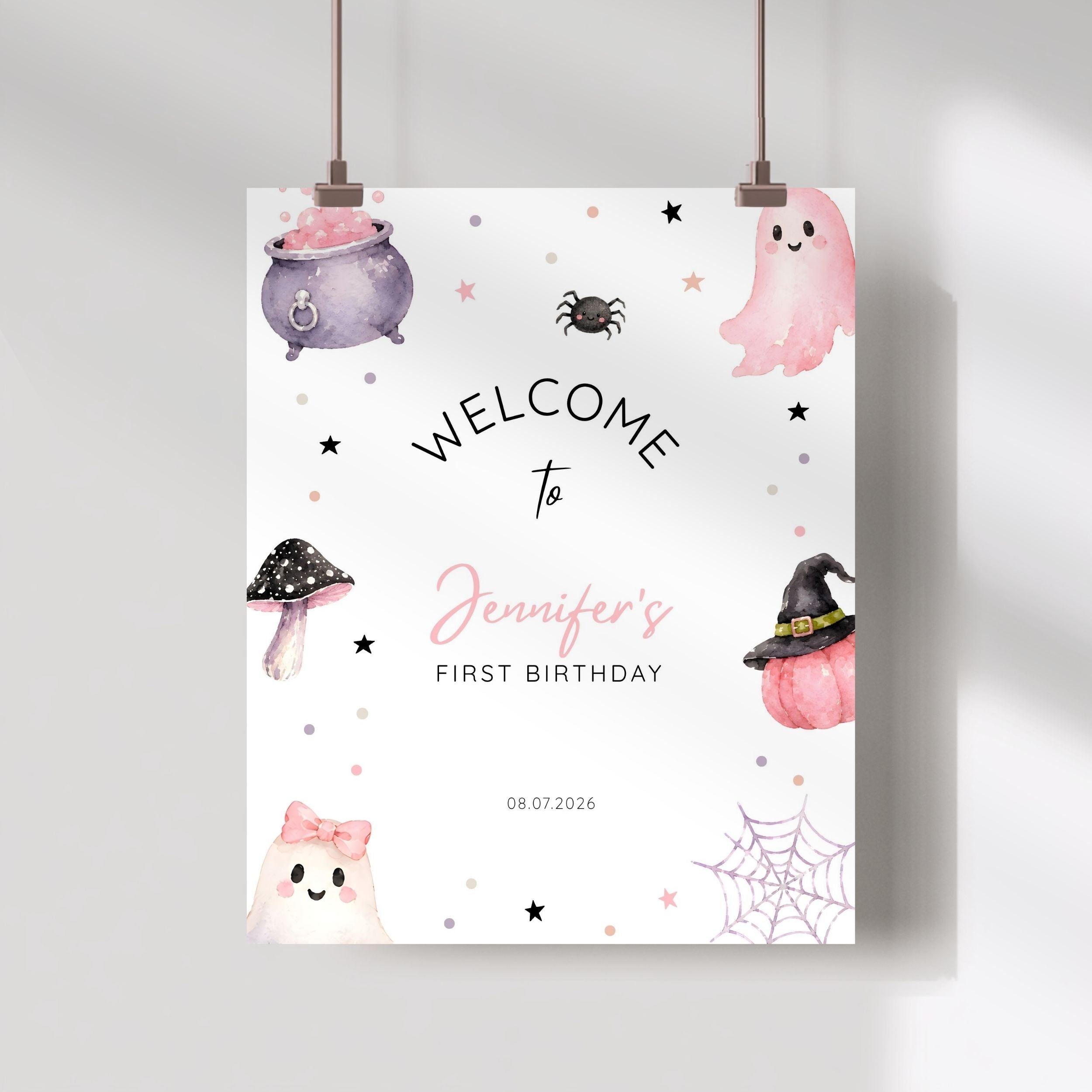 Halloween Spooky First Birthday Welcome Sign Pink