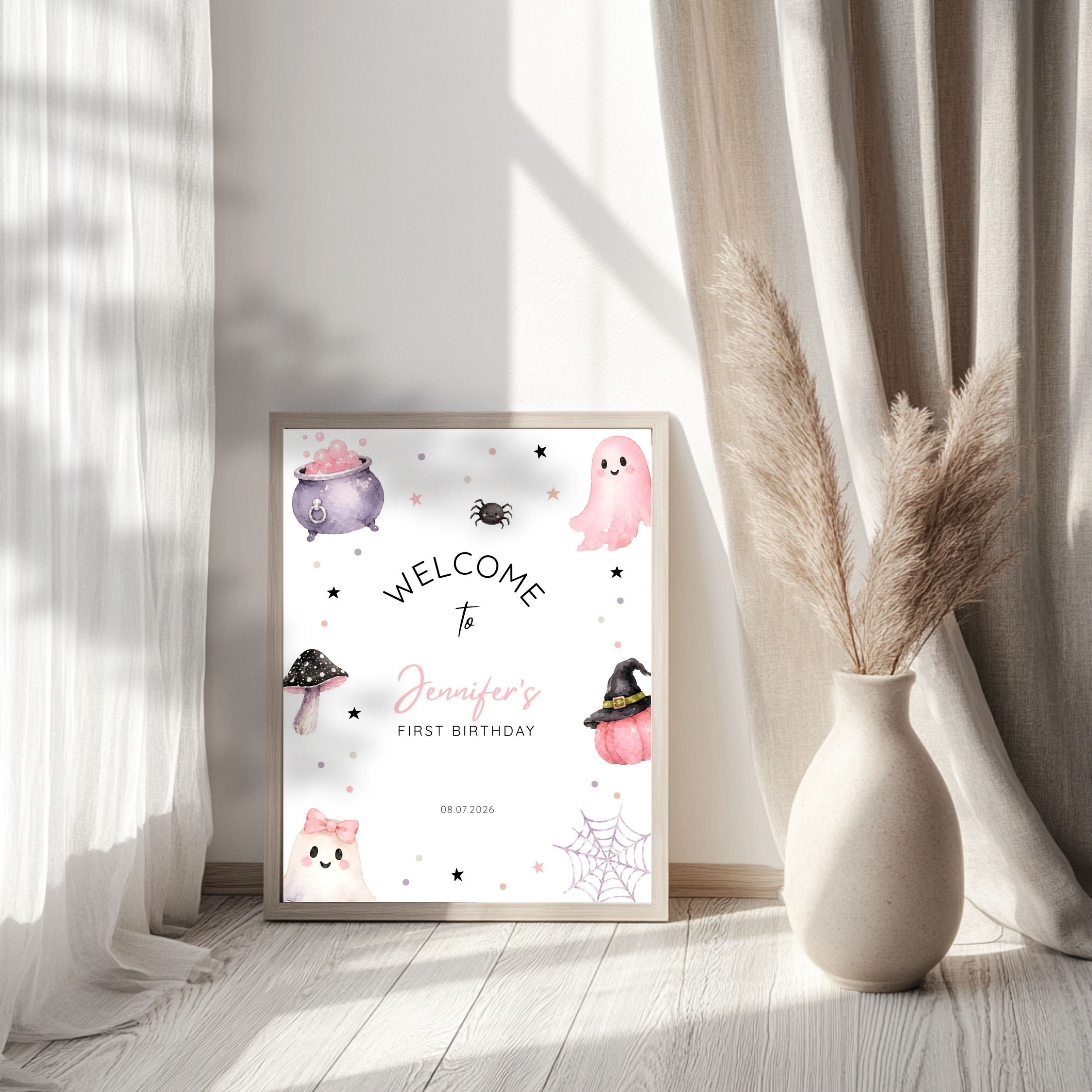 Halloween Spooky First Birthday Welcome Sign Pink