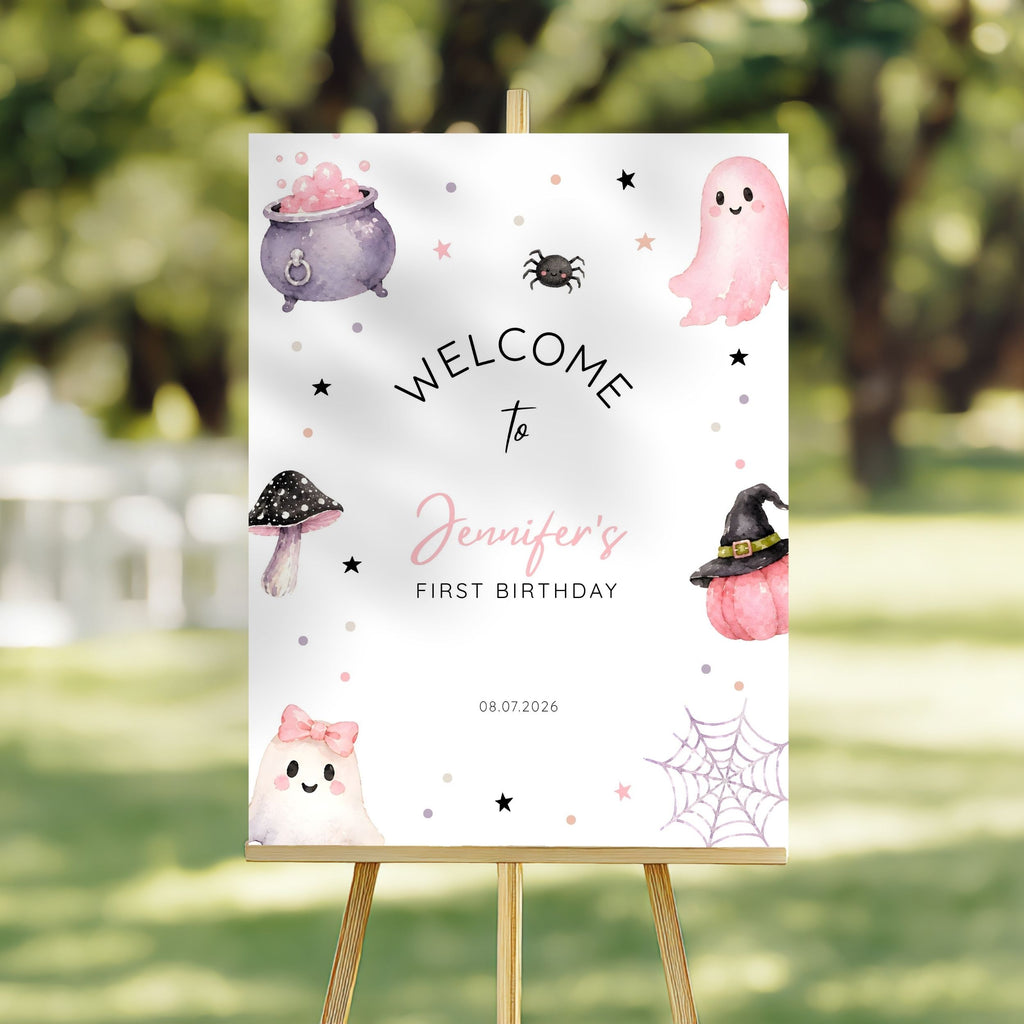 Halloween Spooky First Birthday Welcome Sign Pink