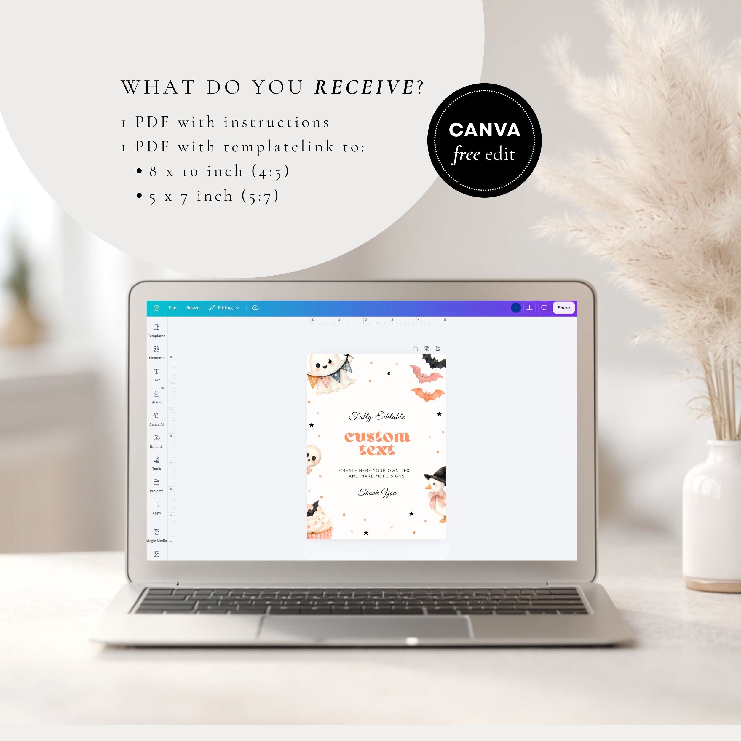 A laptop on a light surface displaying a digital Canva template design, with overlaid text describing what is included in a custom editable PDF bundle. A black circular badge reads 'CANVA free edit.