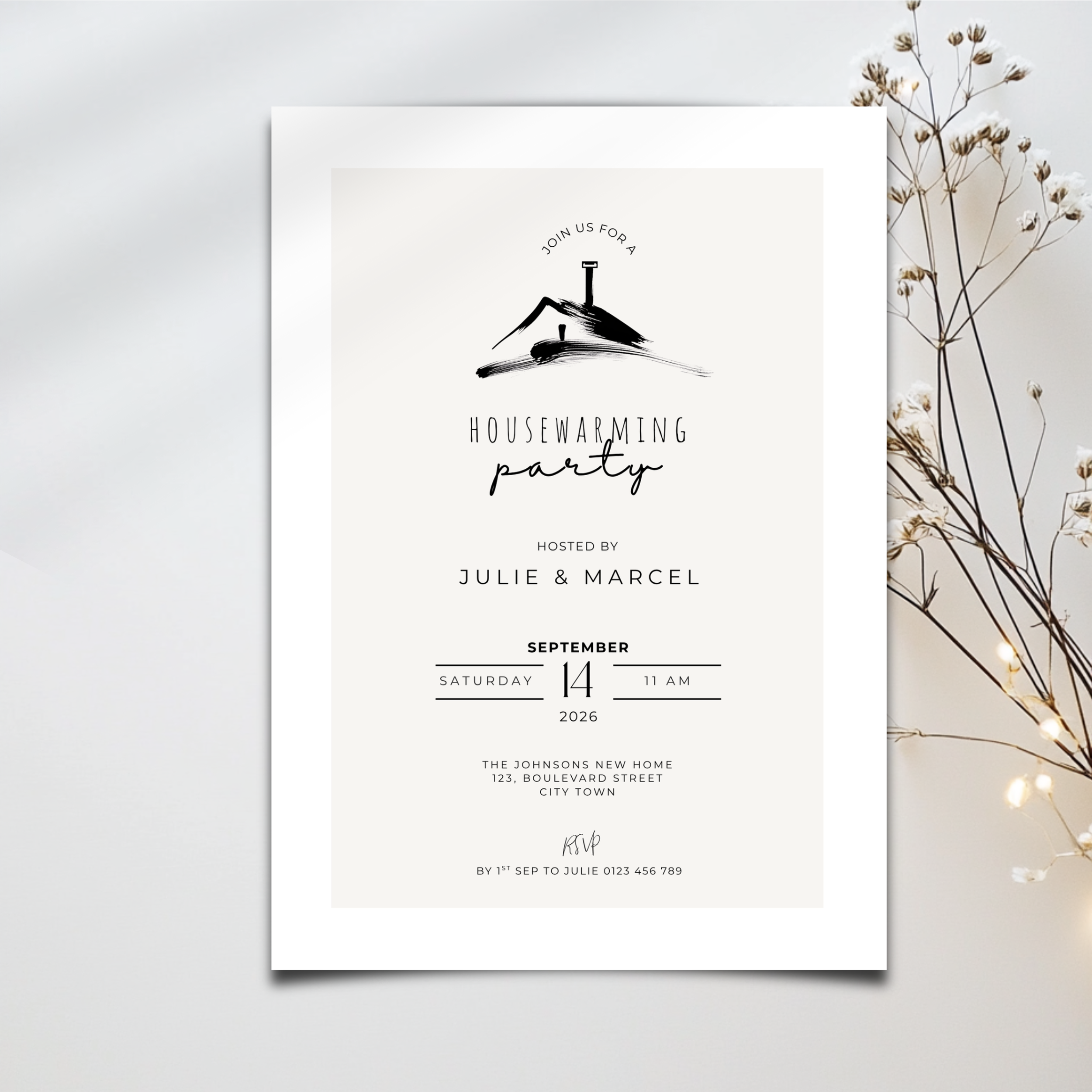 Elegant Minimal Beige Housewarming Invitation Template