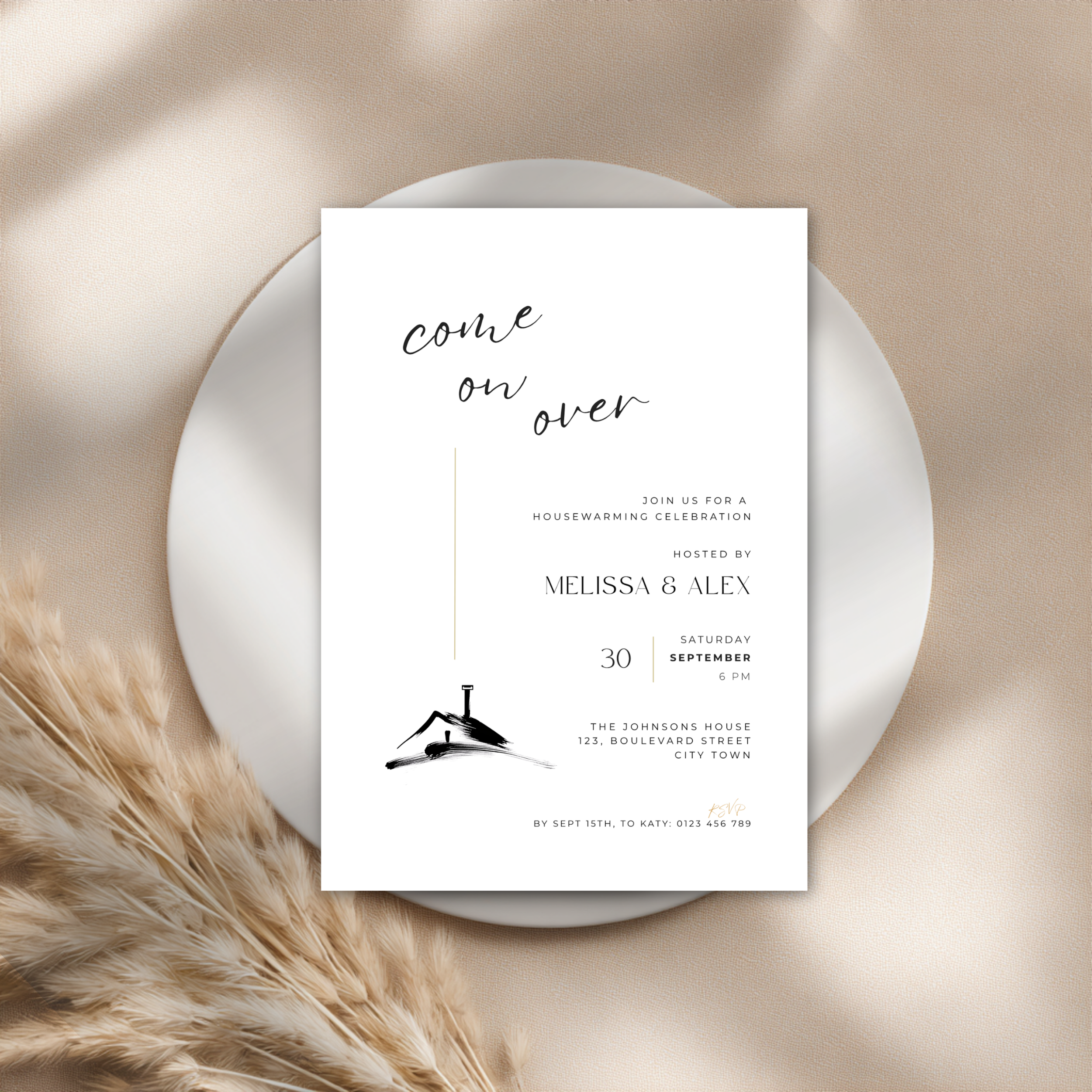 Housewarming invitation card with text on a beige background