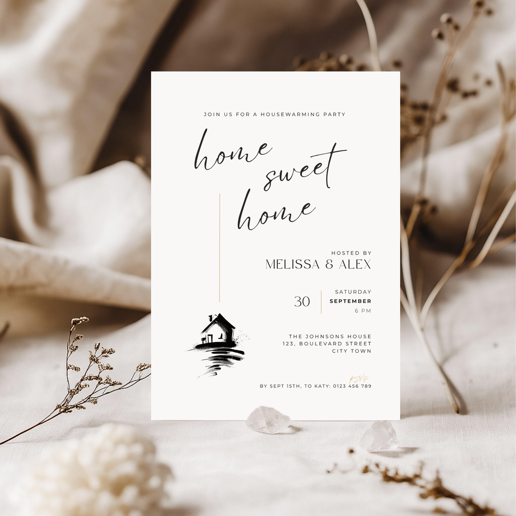 Housewarming party invitation card with house illustration on a neutral background