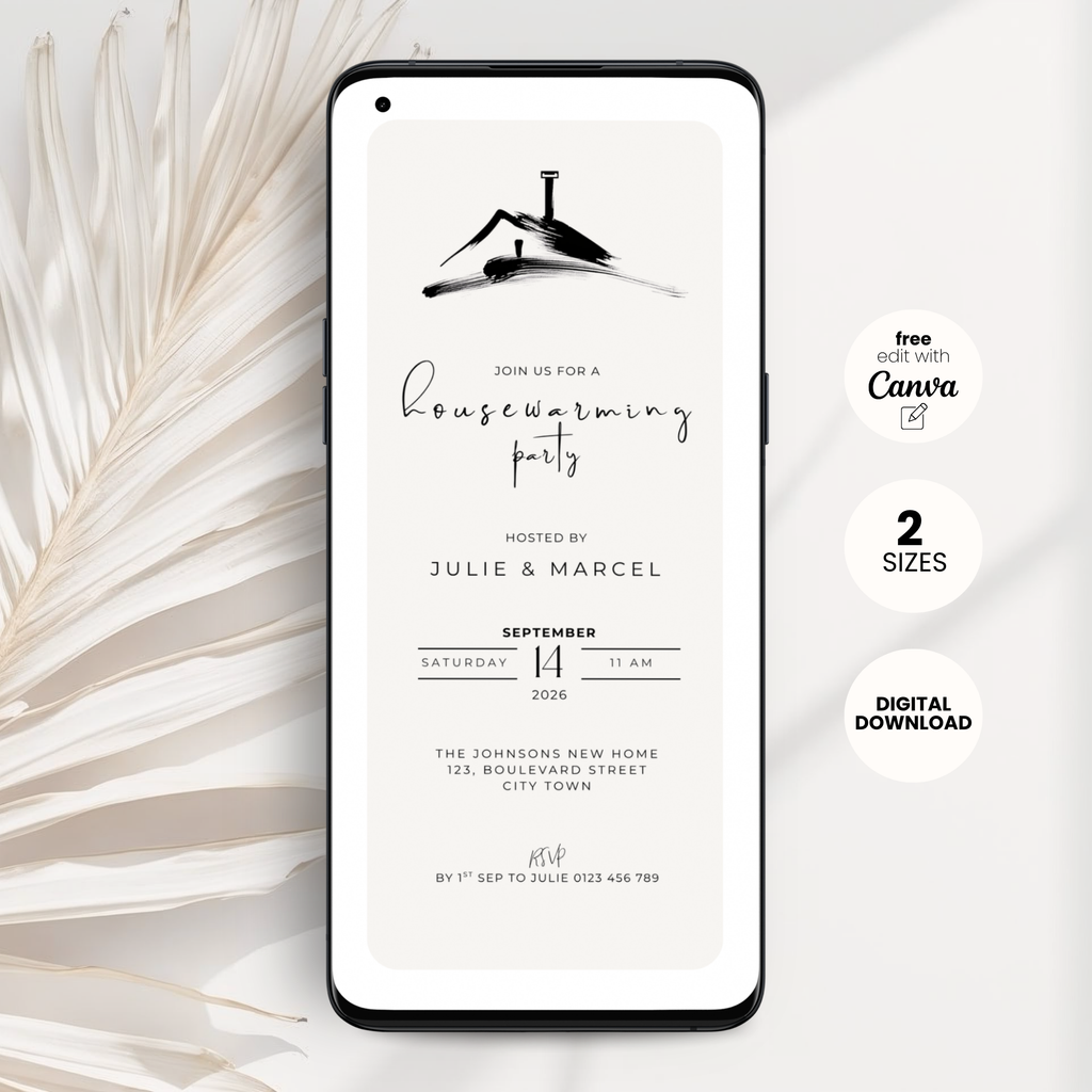 Phone screen displaying a housewarming party invitation with decorative elements on a light background