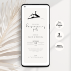 Phone screen displaying a housewarming party invitation with decorative elements on a light background