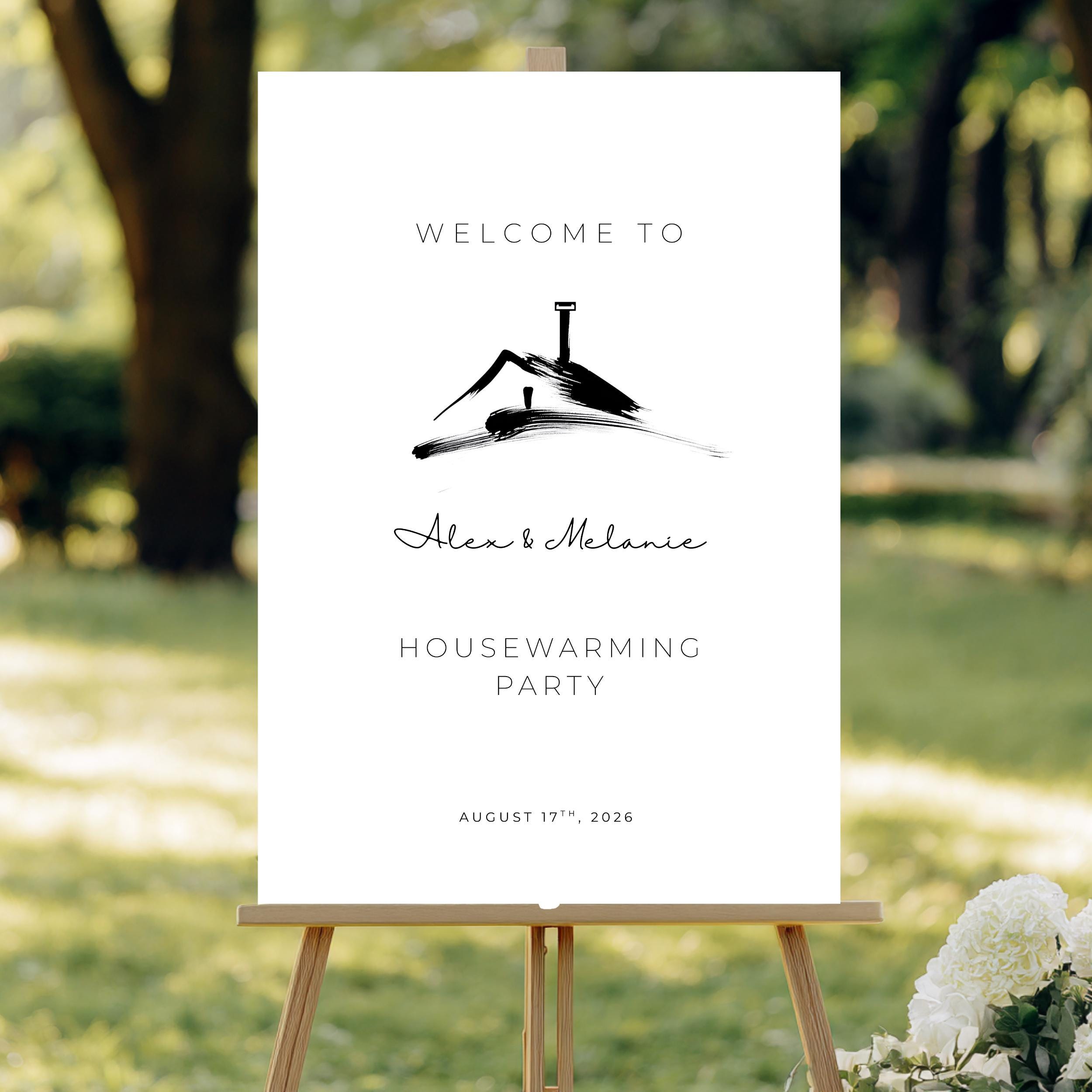 Housewarming party invitation on a white board with a blurred outdoor background